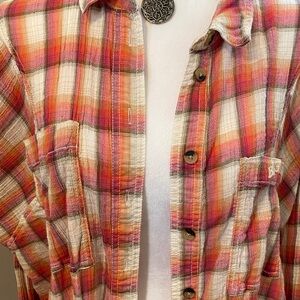 BDG Colorful Plaid Gauzy Button Down Top in Pink and Orange